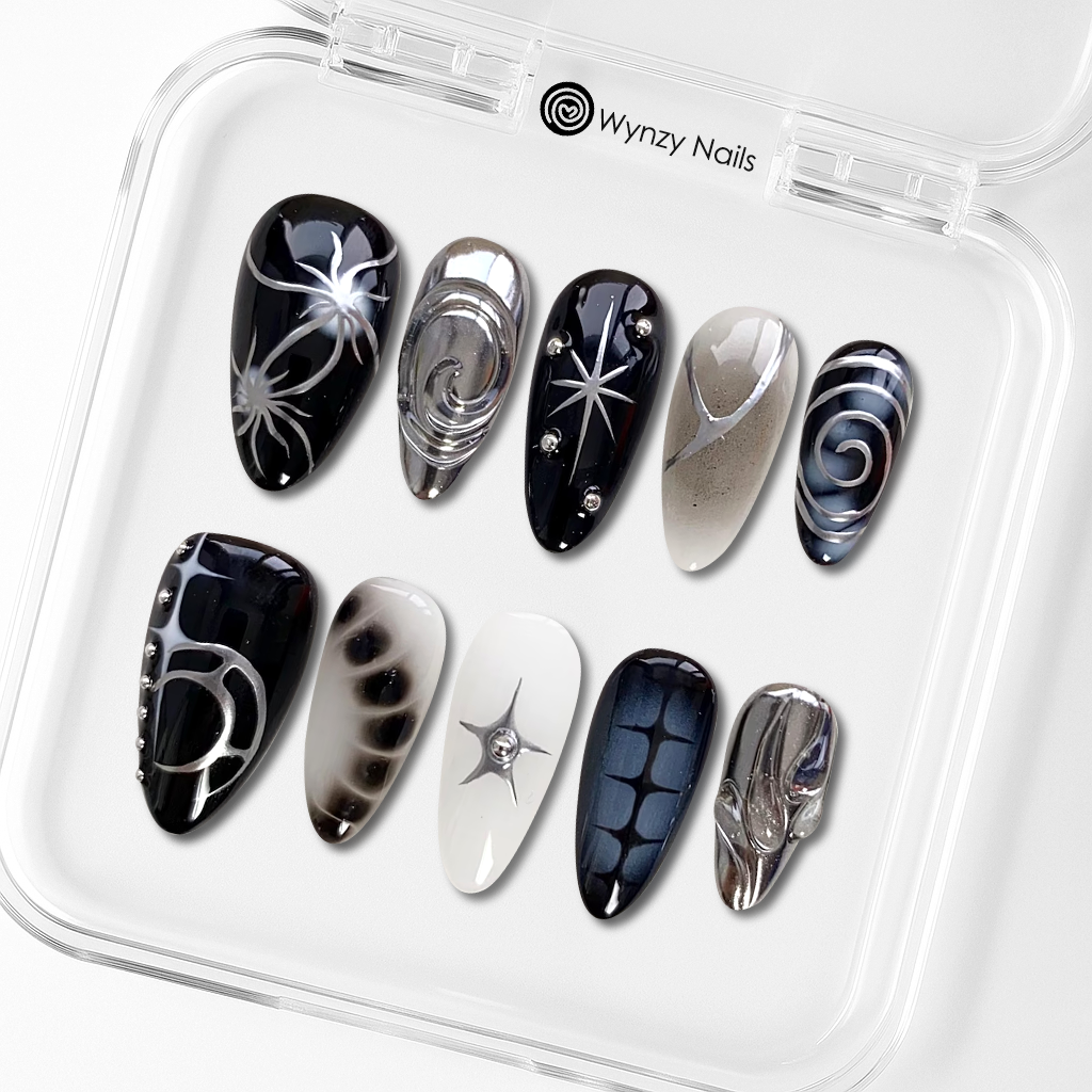 Custom Silver Chrome Press-On Nails – Gothic 3D Nail Art | Wynzy Pops Nails™