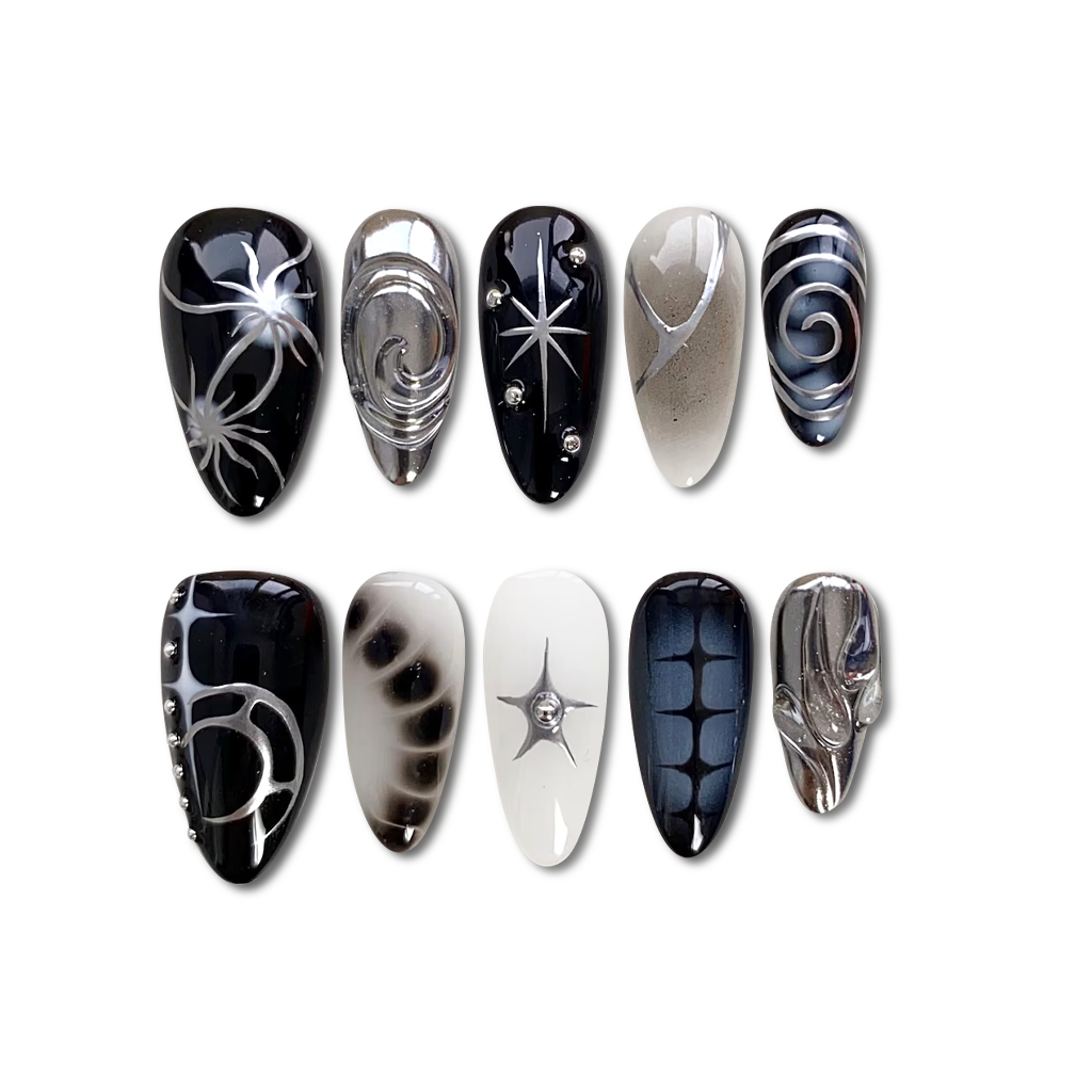 Custom Silver Chrome Press-On Nails – Gothic 3D Nail Art | Wynzy Pops Nails™
