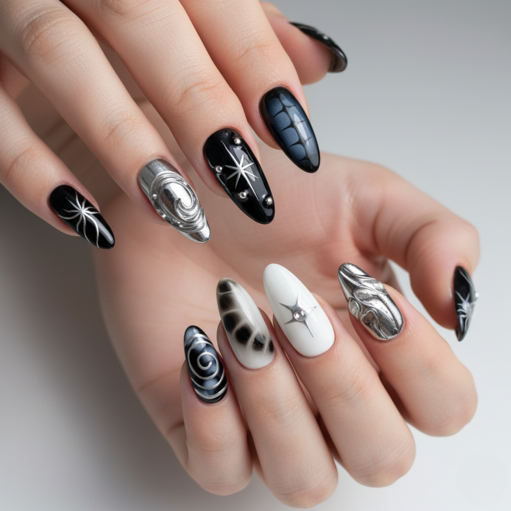 Custom Silver Chrome Press-On Nails – Gothic 3D Nail Art | Wynzy Pops Nails™