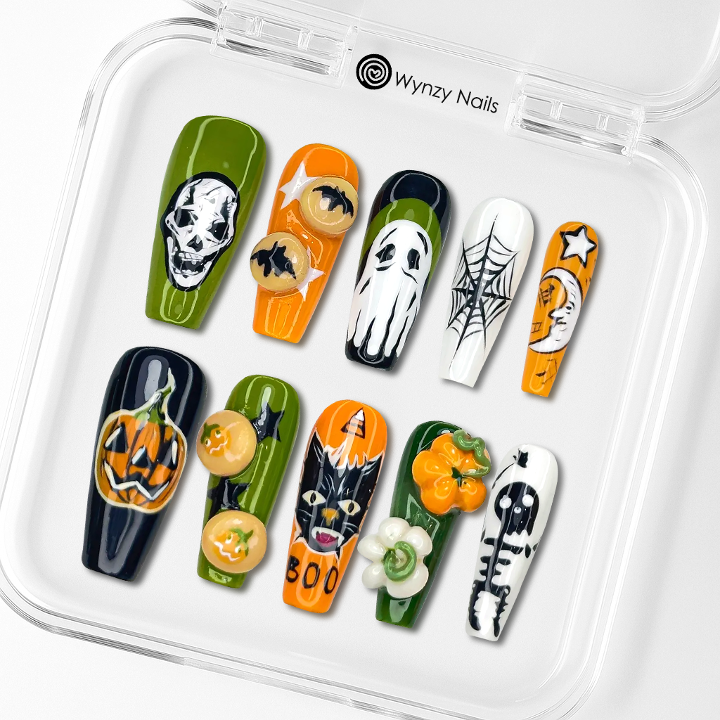 Custom Spooky Halloween Press-On Nails – 3D Ghost & Pumpkin Nail Art