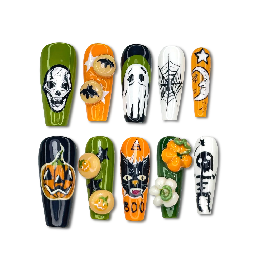 Custom Spooky Halloween Press-On Nails – 3D Ghost & Pumpkin Nail Art