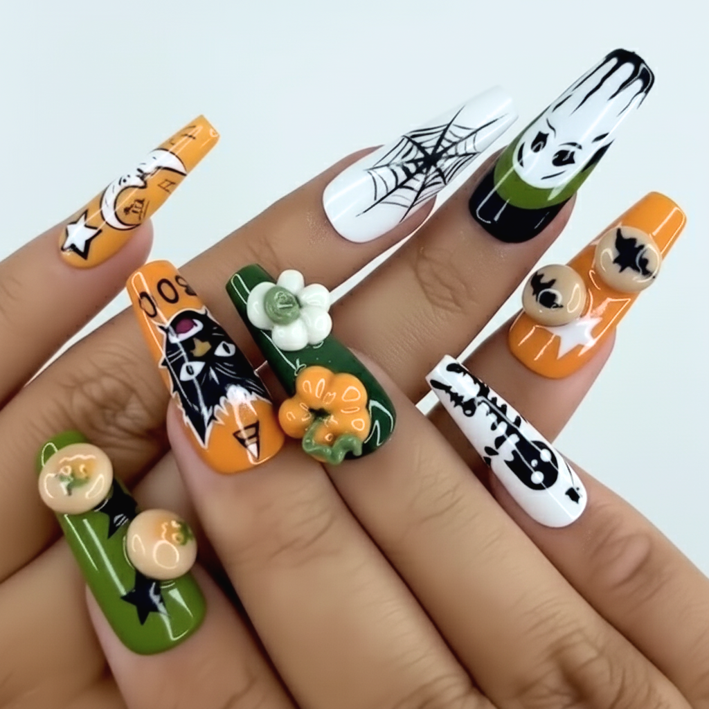 Custom Spooky Halloween Press-On Nails – 3D Ghost & Pumpkin Nail Art