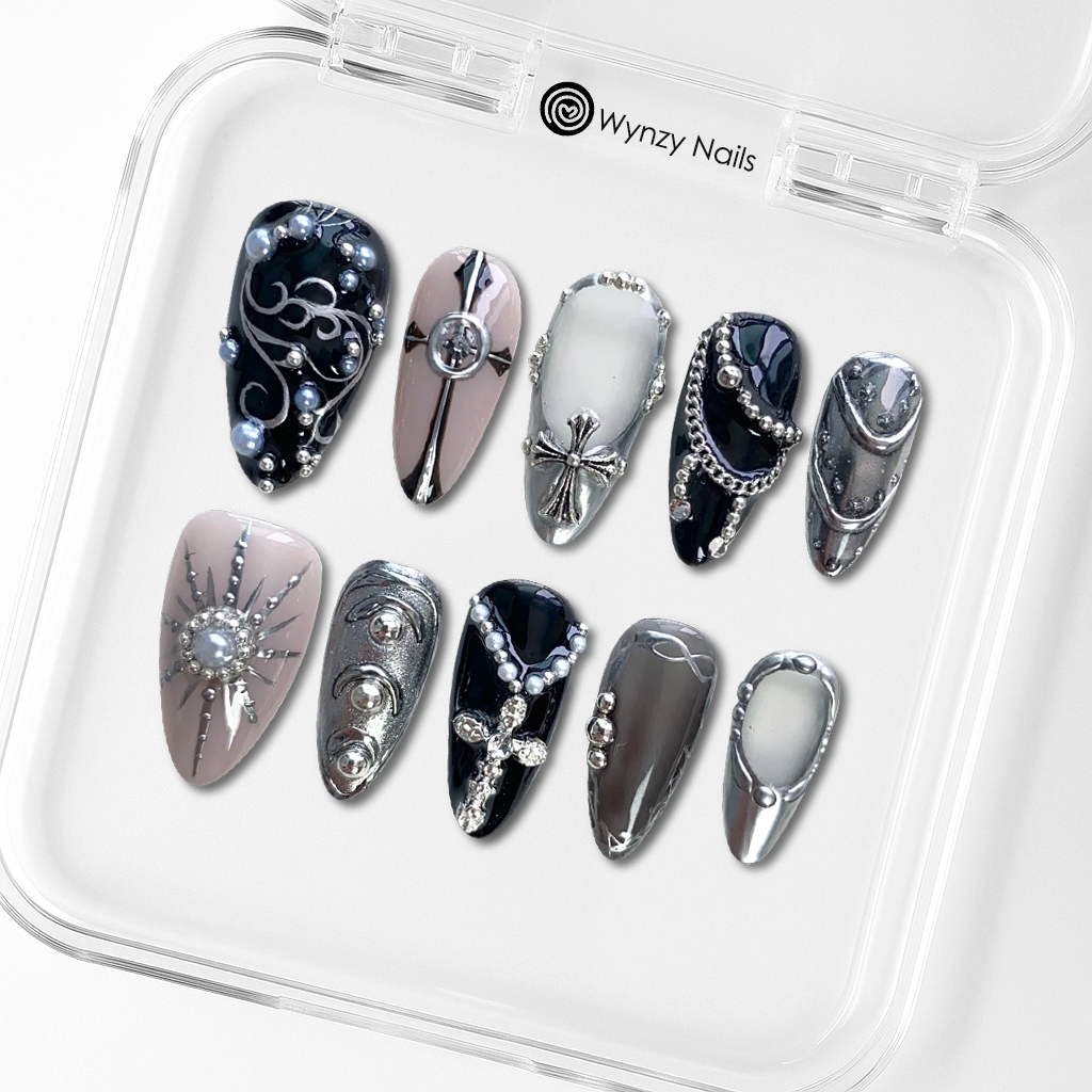 Custom Gothic Black & Silver Press-On Nails – Chain & Cross Punk Nail Art | Wynzy Pops Nails™