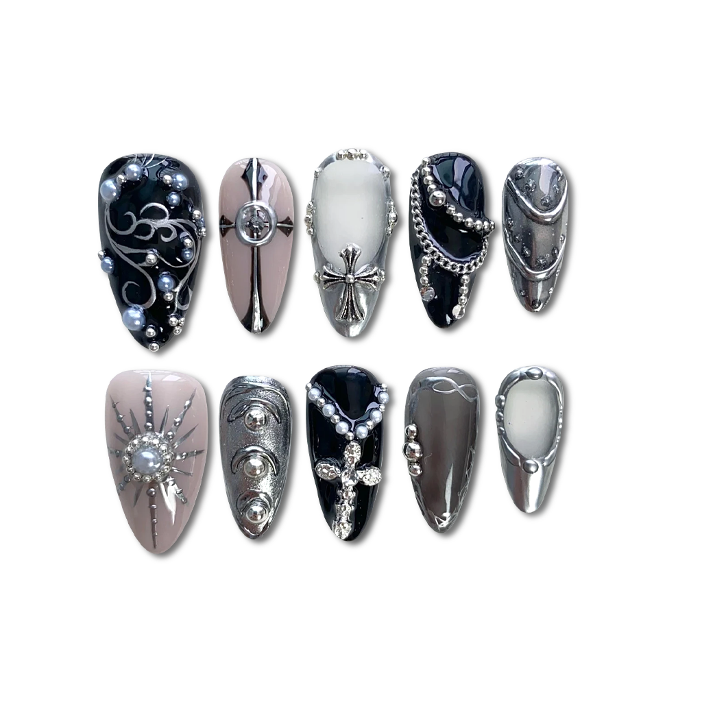Custom Gothic Black & Silver Press-On Nails – Chain & Cross Punk Nail Art | Wynzy Pops Nails™