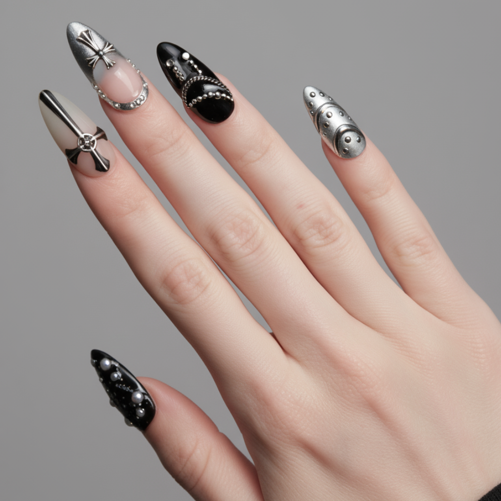 Custom Gothic Black & Silver Press-On Nails – Chain & Cross Punk Nail Art | Wynzy Pops Nails™