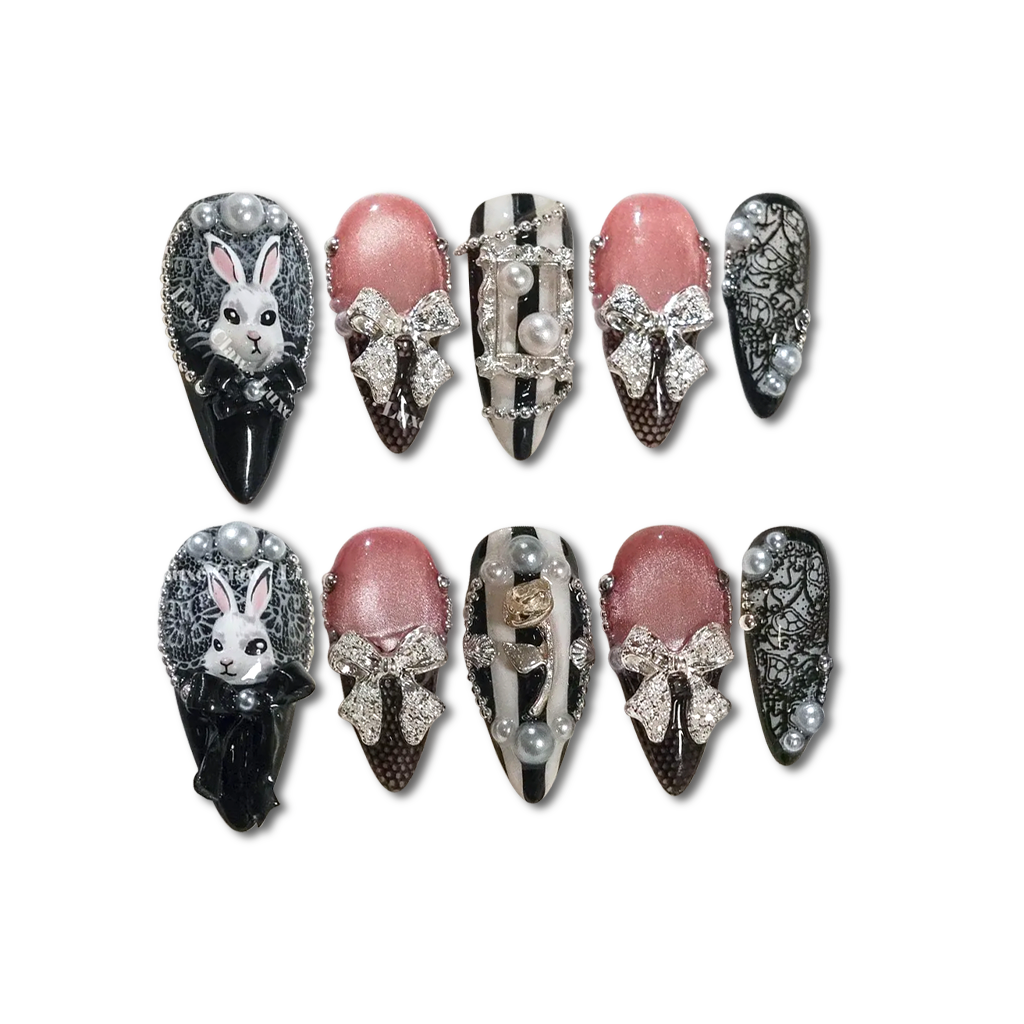 Custom Gothic Bunny Press-On Nails – Black Lace & Rhinestone Bow Art | Wynzy Pops Nails™