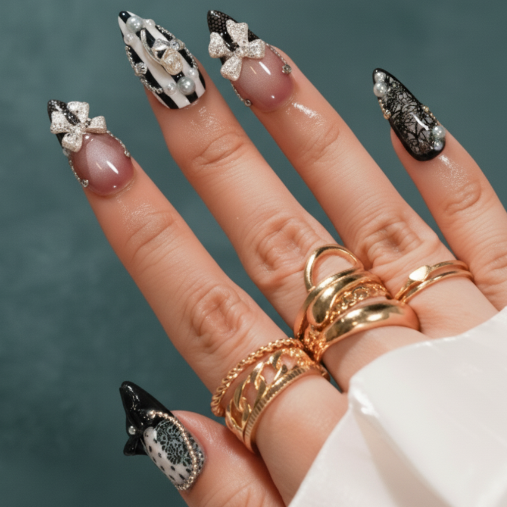 Custom Gothic Bunny Press-On Nails – Black Lace & Rhinestone Bow Art | Wynzy Pops Nails™