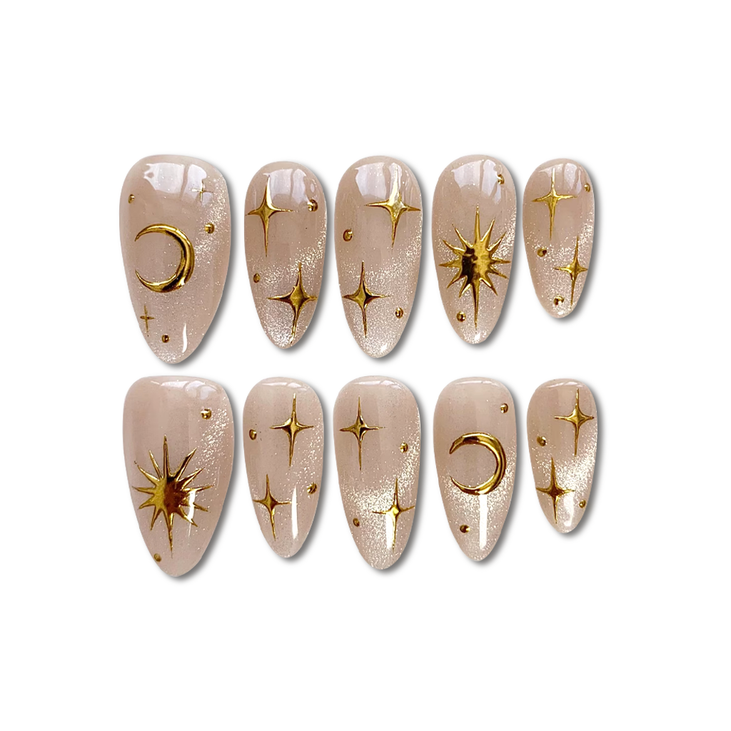 Custom Celestial Nude Press-On Nails – Gold Moon & Star Aura Nail Art
