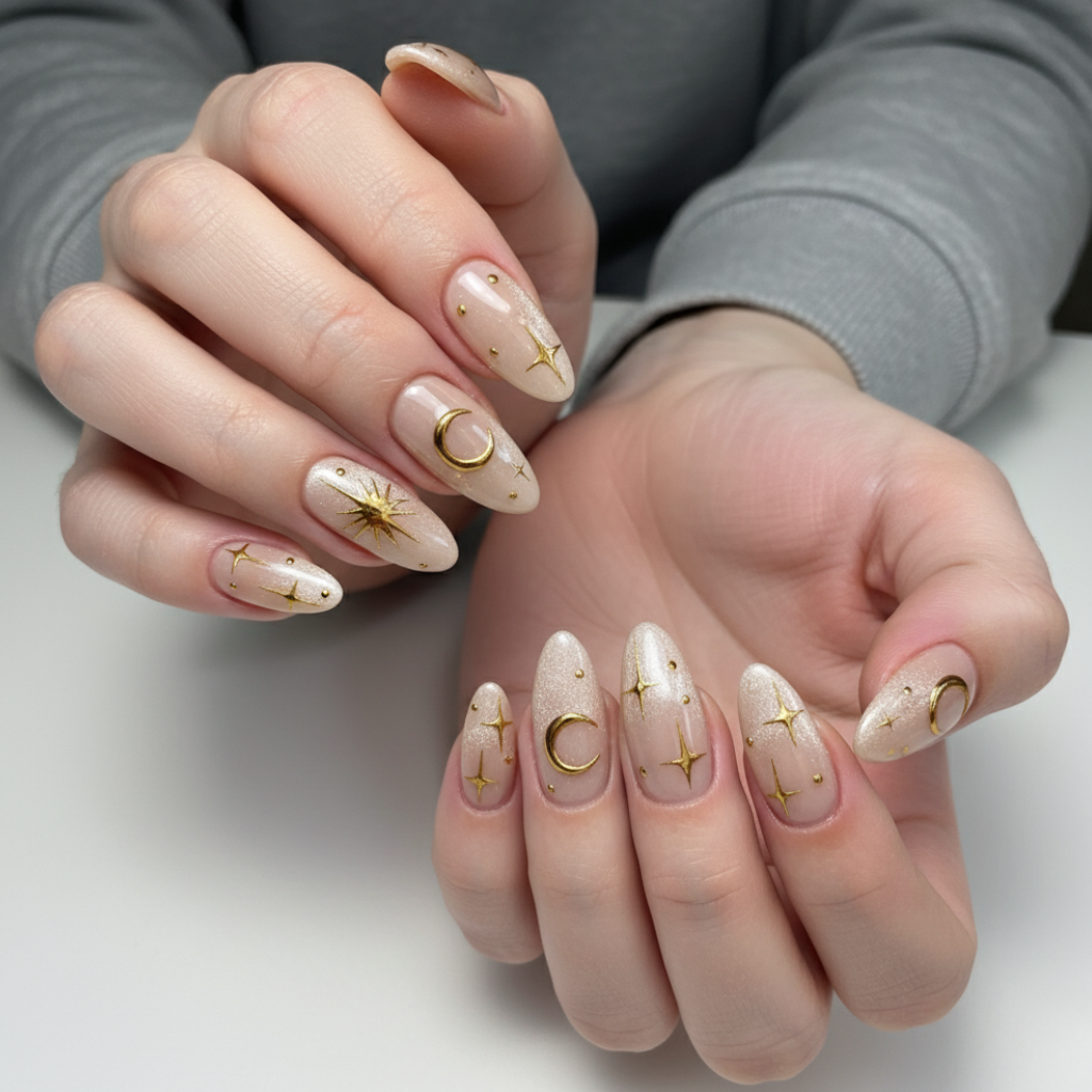 Custom Celestial Nude Press-On Nails – Gold Moon & Star Aura Nail Art