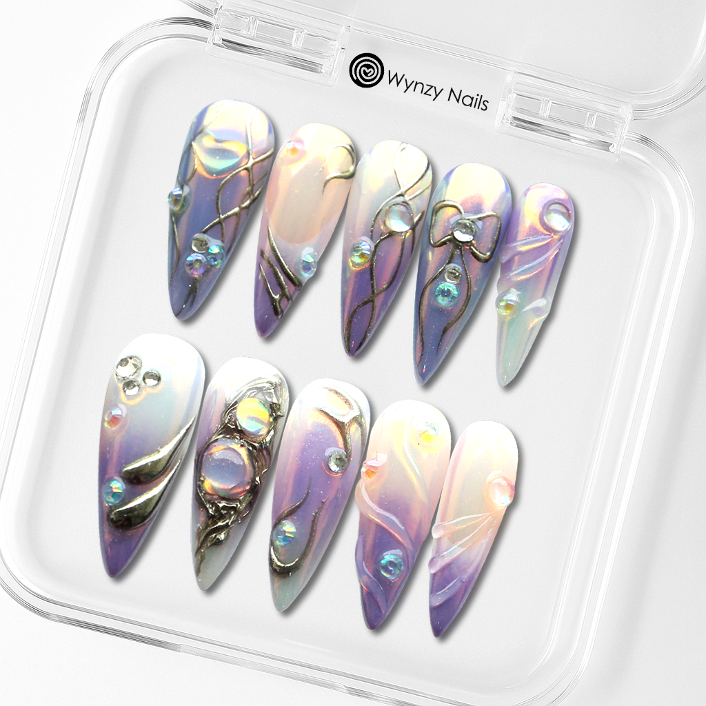 Custom Purple Ombre Press-On Nails – 3D Bow & Crystal Aura Nail Art