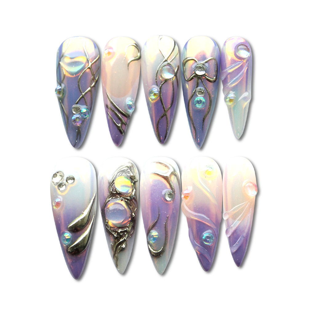 Custom Purple Ombre Press-On Nails – 3D Bow & Crystal Aura Nail Art