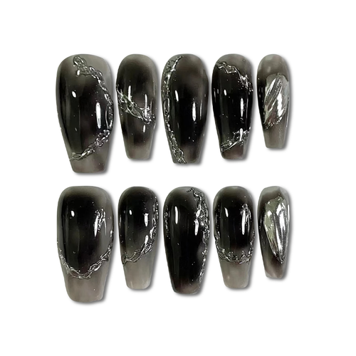 Custom Black Chrome Press-On Nails – Silver Chain Punk Nail Art