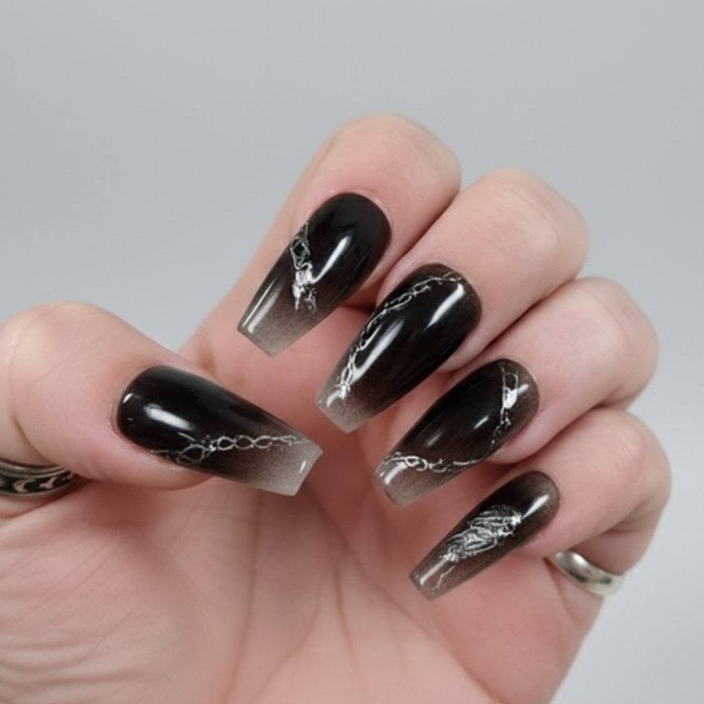 Custom Black Chrome Press-On Nails – Silver Chain Punk Nail Art