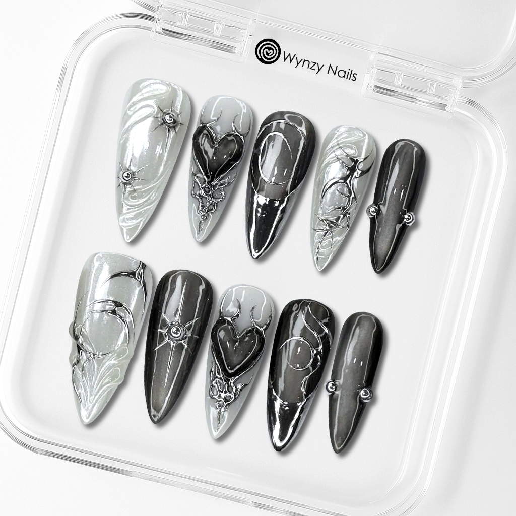 Custom Gothic Chrome Press-On Nails – 3D Hearts & Rhinestones