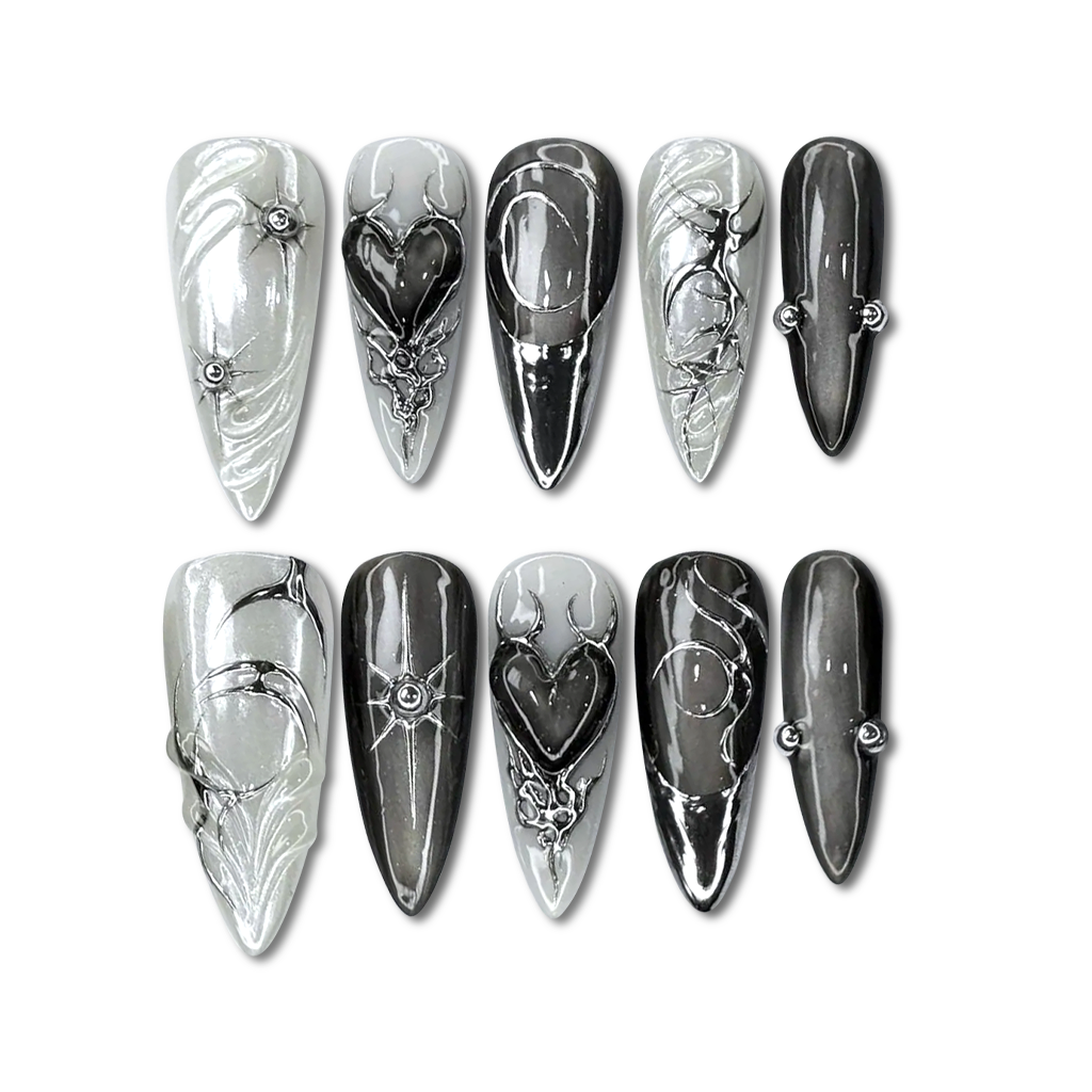 Custom Gothic Chrome Press-On Nails – 3D Hearts & Rhinestones