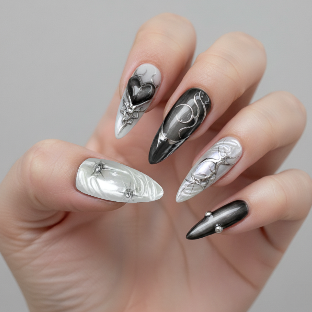 Custom Gothic Chrome Press-On Nails – 3D Hearts & Rhinestones