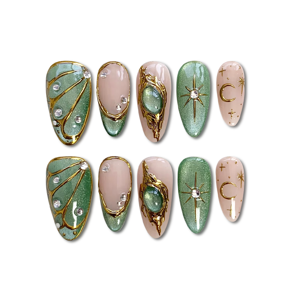 Custom Green Cat Eye Press-On Nails – Celestial Star & Moon Aura Nail Art | Wynzy Pops Nails™