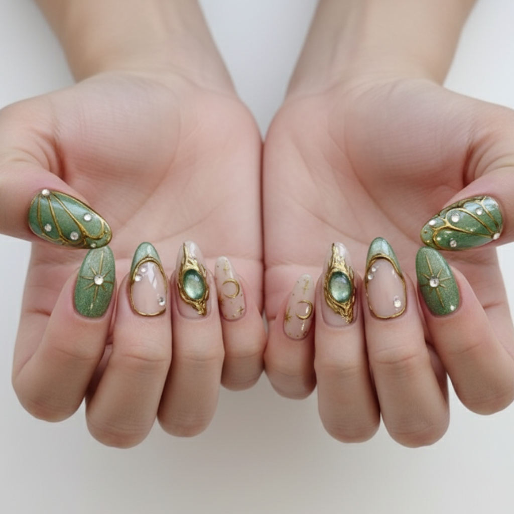 Custom Green Cat Eye Press-On Nails – Celestial Star & Moon Aura Nail Art | Wynzy Pops Nails™