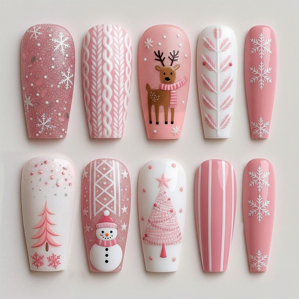 Custom Pink Christmas Press-On Nails – Snowflake, Reindeer & Tree Nail Art | Wynzy Pops Nails™