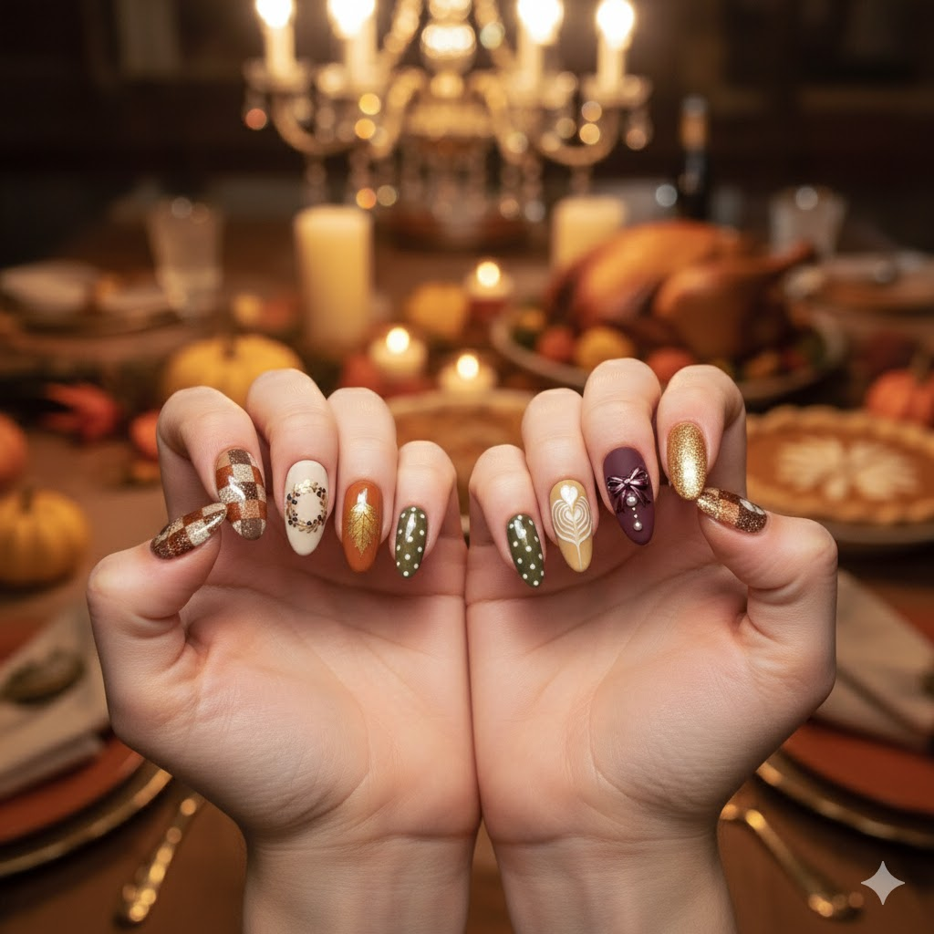 Custom Autumn Press-On Nails – Cozy Fall Nail Art with Leaves, Bows & Mushrooms