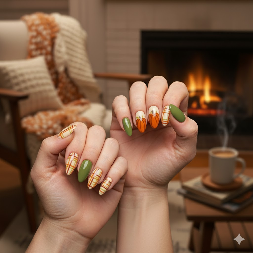 Custom Autumn Pumpkin Press-On Nails – Cozy Fall Plaid Nail Art