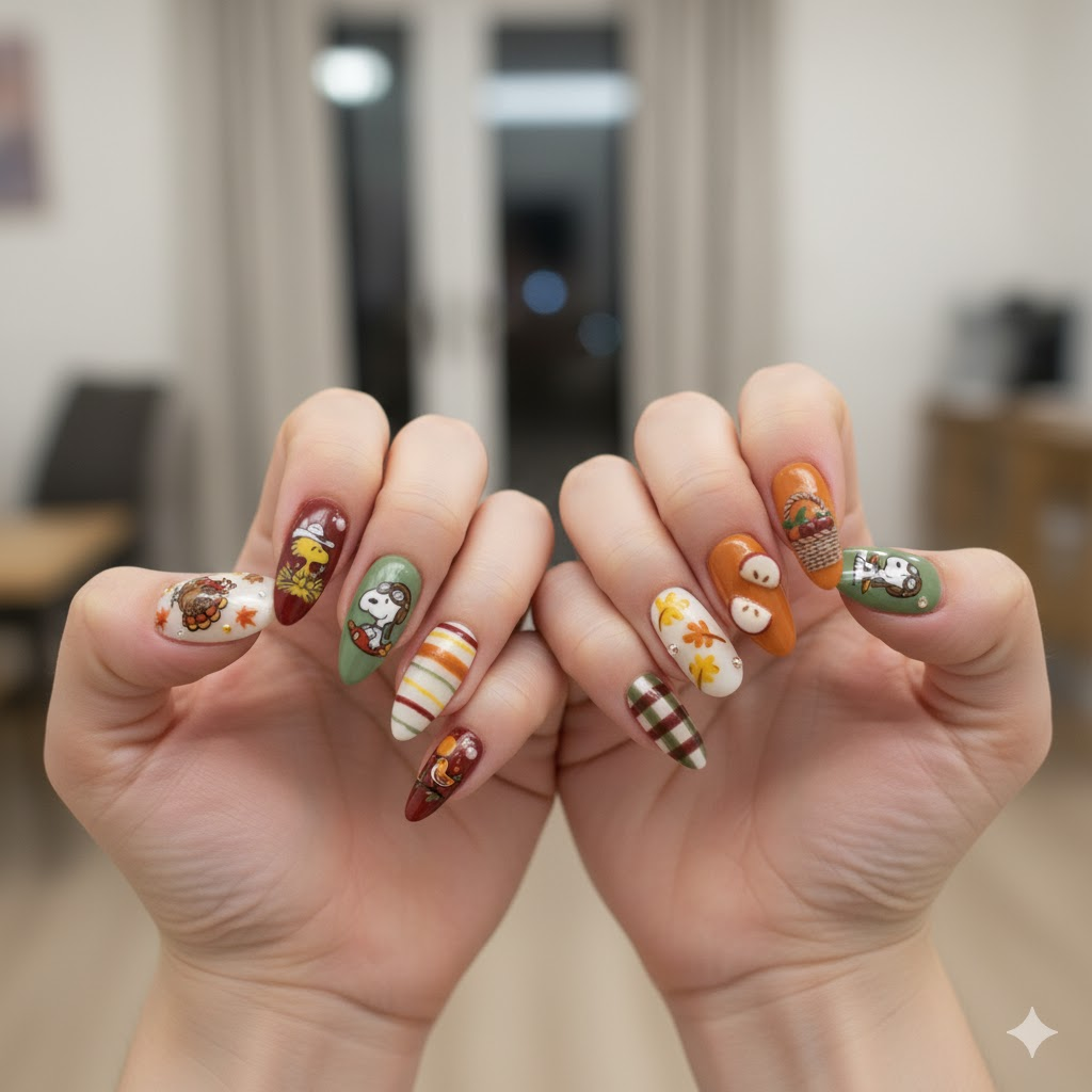 Custom Thanksgiving Press-On Nails featuring Snoopy, turkey, and pumpkin pie nail art – Wynzy Pops Nails™