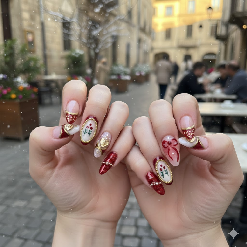 Custom Red & Pink 3D Christmas Press-On Nails – Heart, Bow & Holly Nail Art | Wynzy Pops™