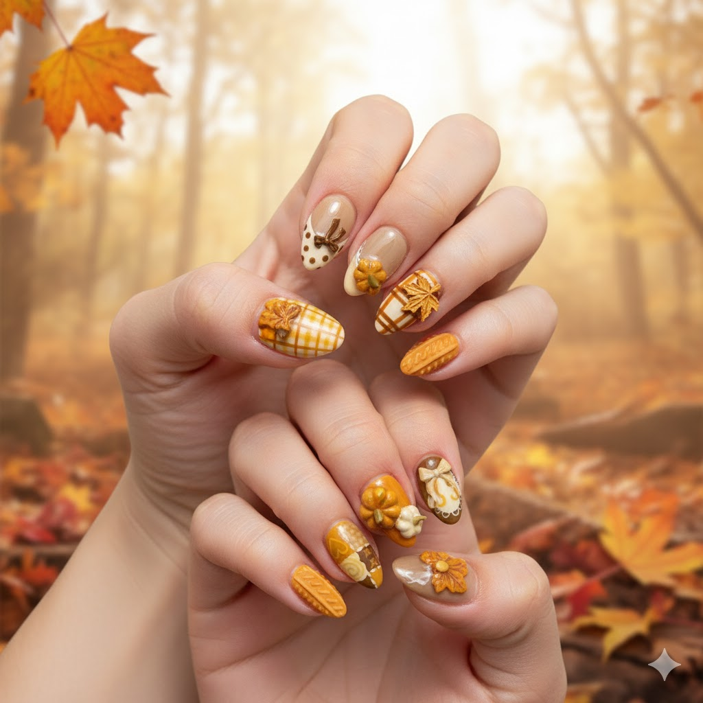 Custom Cozy Fall 3D Press-On Nails – Pumpkin, Knit & Thanksgiving Nail Art | Wynzy Pops Nails™