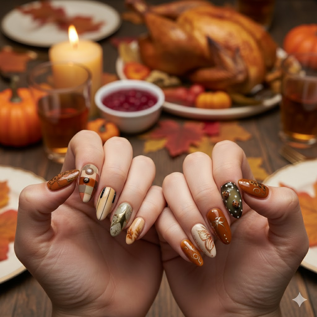 Autumn Harvest Pie & Plaid Press-On Nails | Cozy Handmade Fall Nail Art