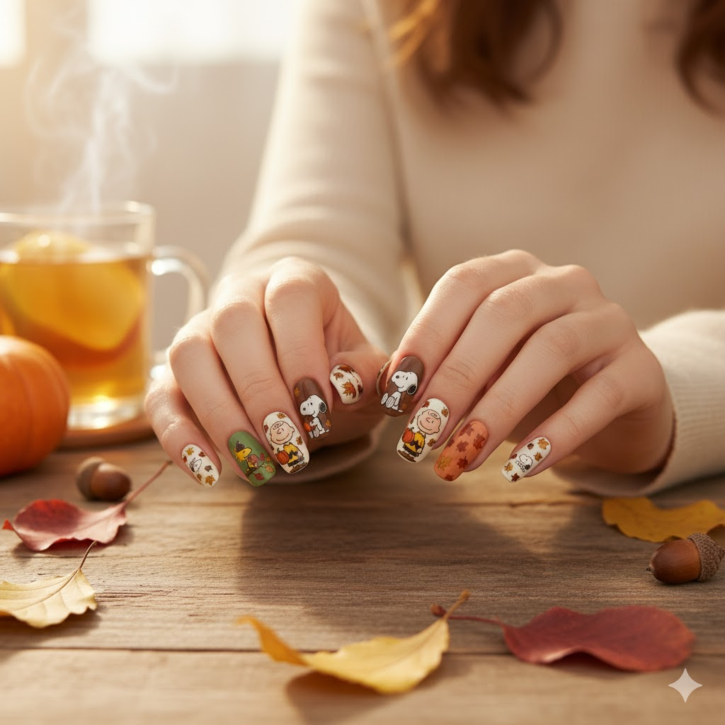 Custom Snoopy Autumn Press-On Nails – Fall Leaves & Pumpkin Nail Art | Wynzy Pops™