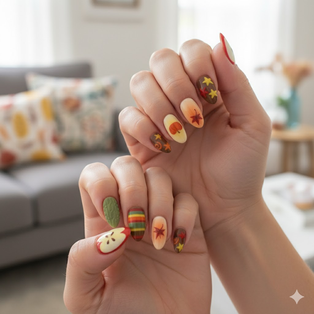 Custom Fall Apple Press-On Nails – Pumpkin & Leaf 3D Nail Art | Wynzy Pops Nails™
