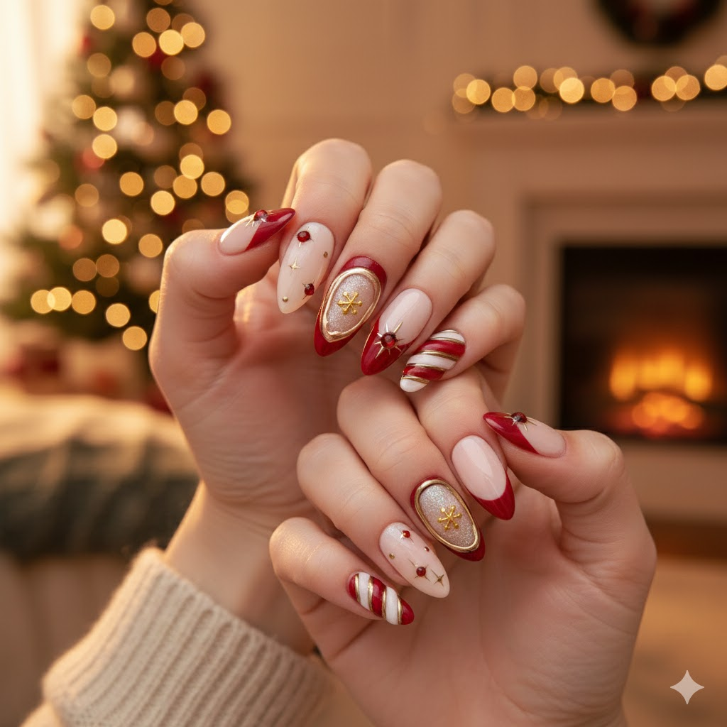 Custom Christmas Candy Cane Press-On Nails – Red, Gold & Snowflake Nail Art | Wynzy Pops™