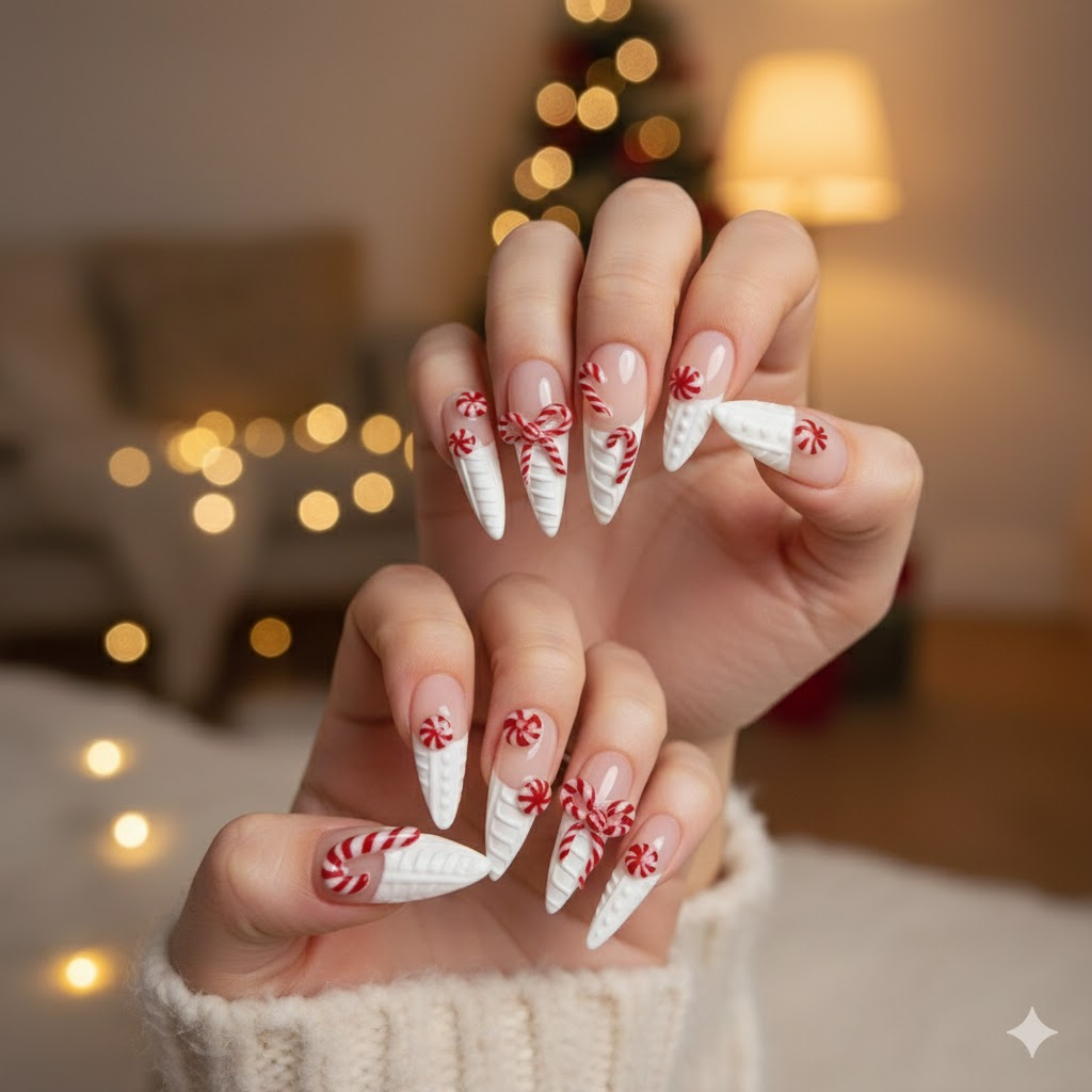 Custom Candy Cane 3D Press-On Nails – Peppermint Bow & Holiday Nail Art | Wynzy Pops Nails™