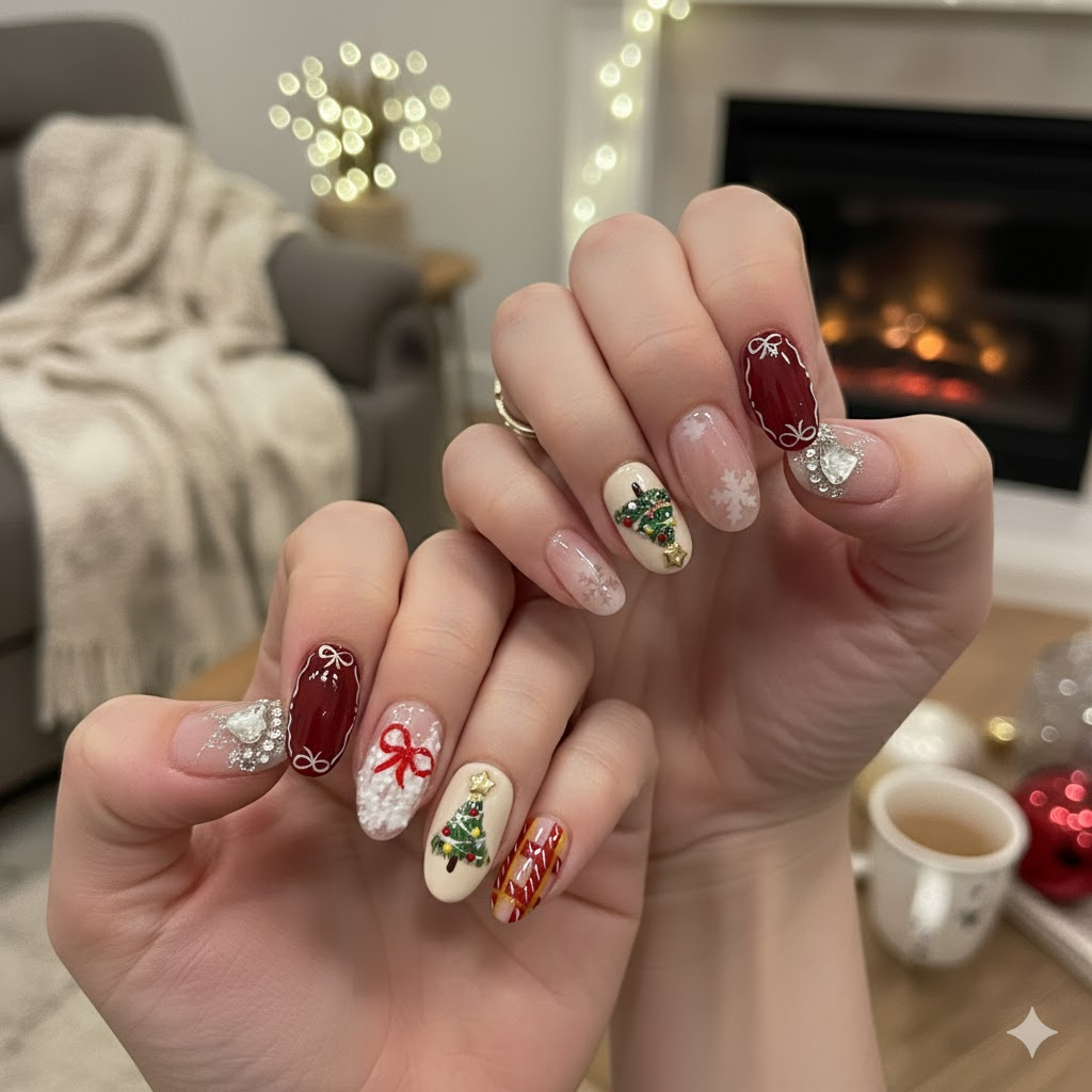 Custom 3D Christmas Press-On Nails – Candy Cane, Wreath & Snowflake Art | Wynzy Pops Nails™