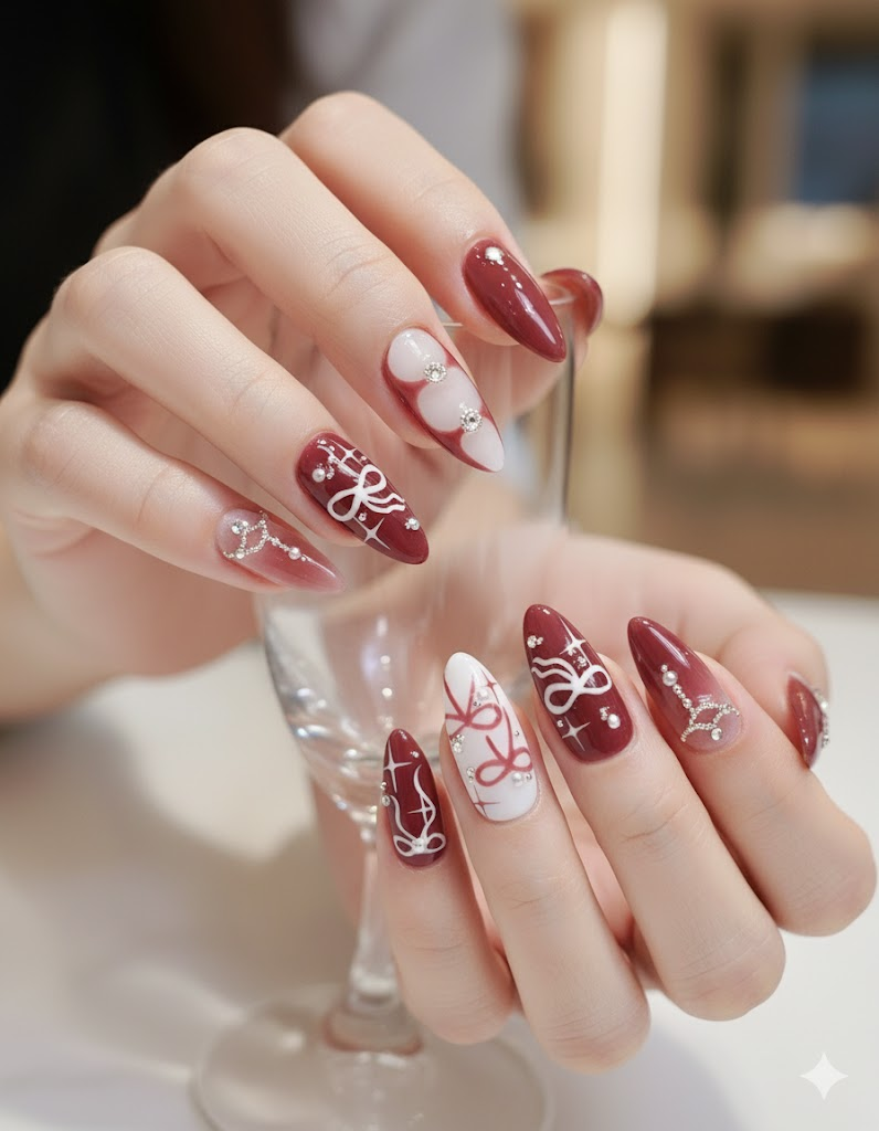 Custom Red & White Bow Press-On Nails – 3D Rhinestone & Holiday Nail Art