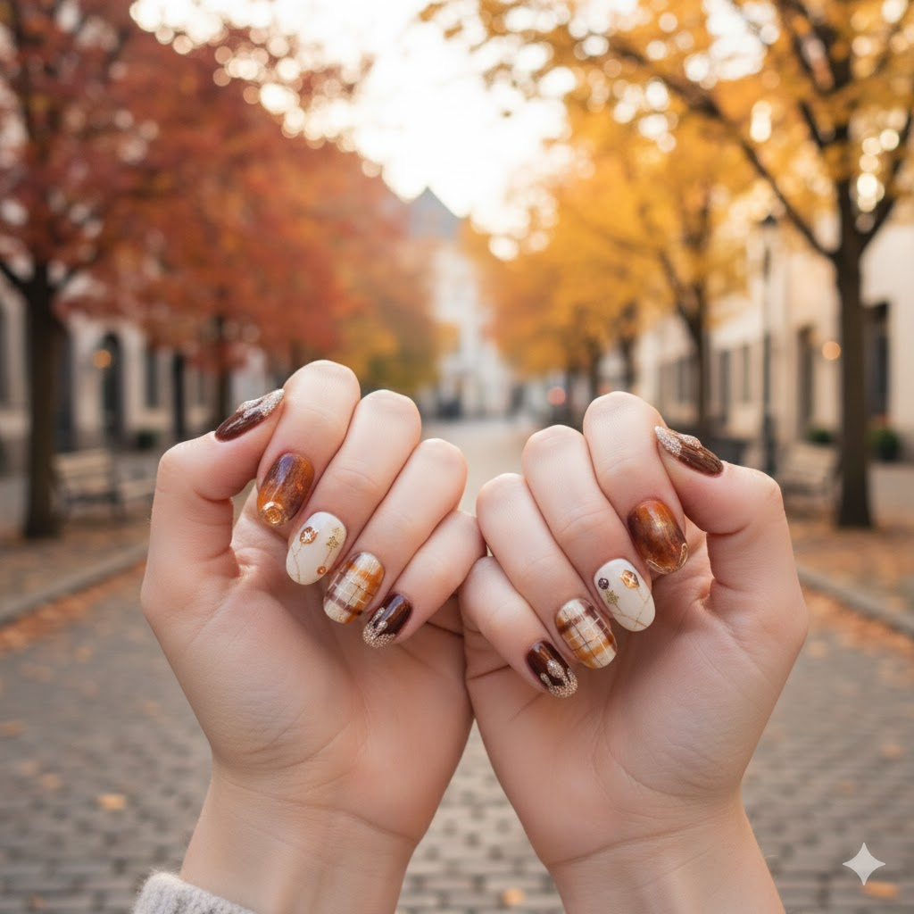Custom Autumn Plaid Press-On Nails – Cozy Pumpkin & Brown Glitter Nail Art | Wynzy Pops Nails™