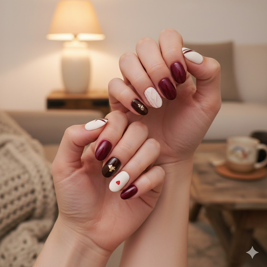 Custom Burgundy & Cream Heart Press-On Nails – 3D Knit Cozy Winter Design | Wynzy Pops Nails™