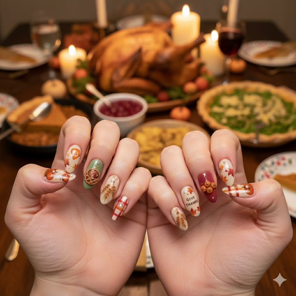 Custom Thanksgiving Press-On Nails – Pumpkin, Turkey & Fall Harvest 3D Nail Art