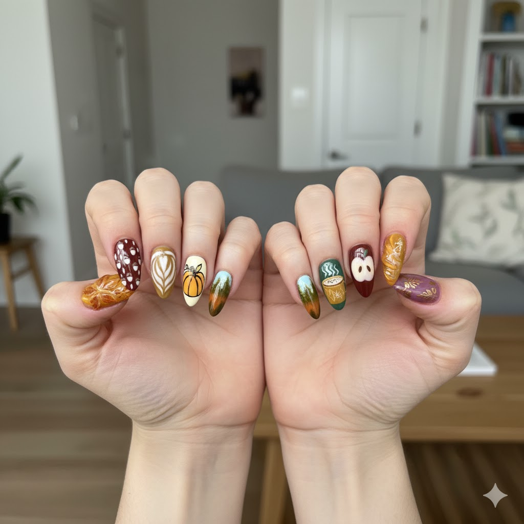 Custom Autumn Latte Press-On Nails – Pumpkin, Pie & Coffee Art | Wynzy Pops™