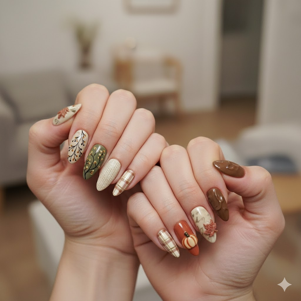 Custom Fall Pumpkin Press-On Nails – Plaid, Knit & Leaf Nail Art | Wynzy Pops Nails™