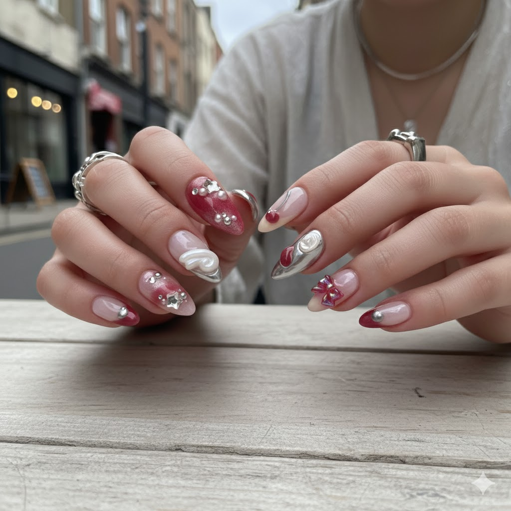 Custom Red Cherry & Bow Press-On Nails – 3D Heart, Pearl & Chrome Nail Art | Wynzy Pops™