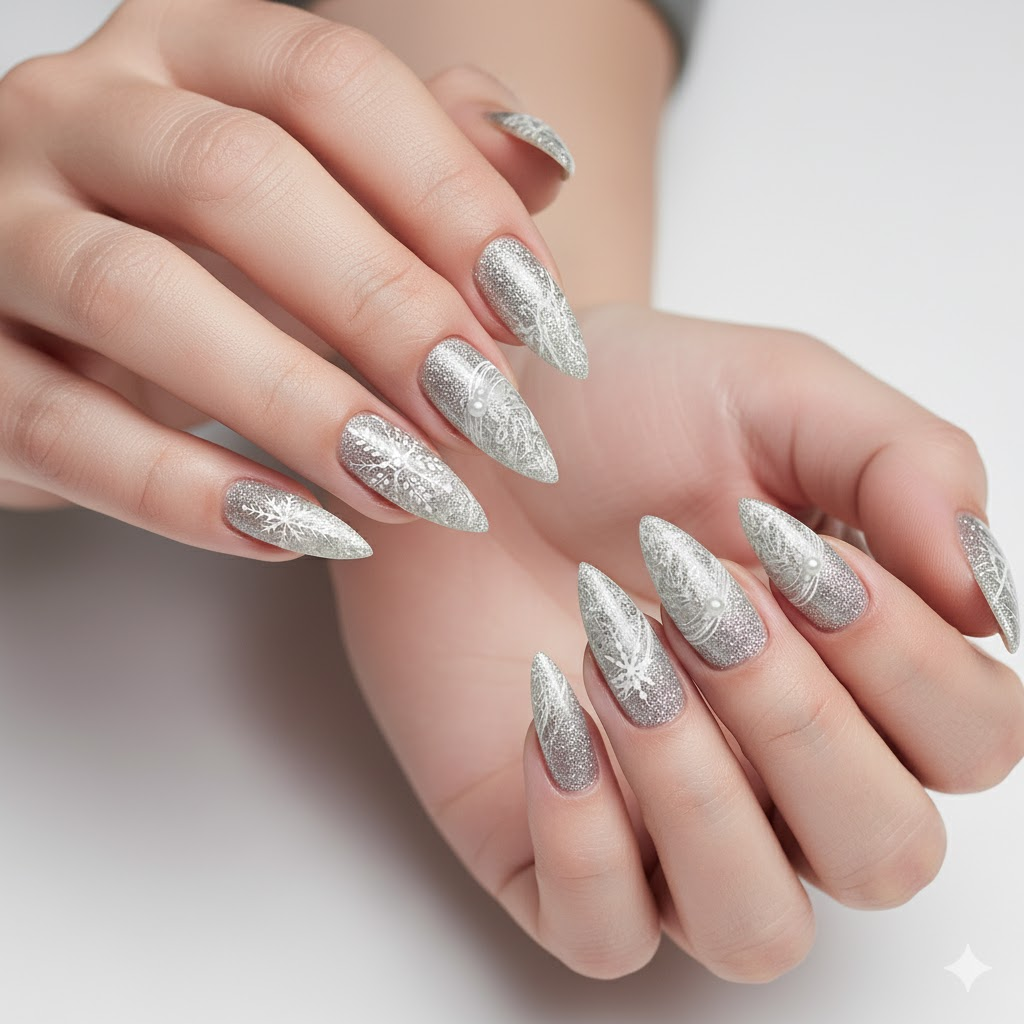 Custom Silver Frost Press-On Nails – White Snowflake Ice Tips | Wynzy Pops Nails™