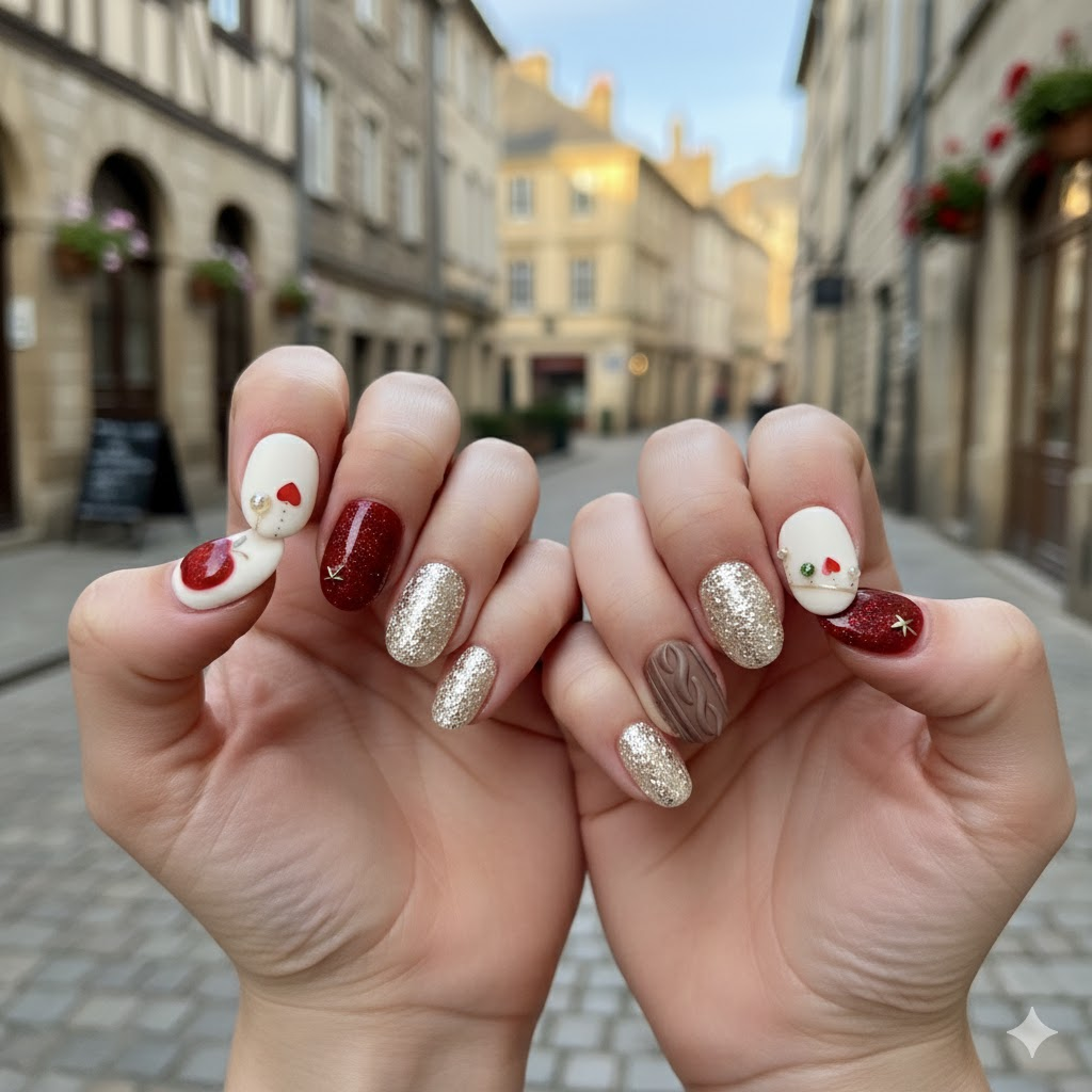 Custom Apple & Knit Press-On Nails – Red Glitter & Cozy Sweater Design | Wynzy Pops Nails™