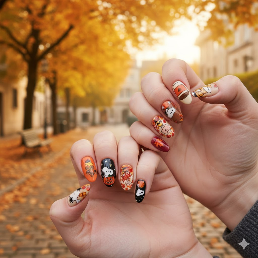 Custom Snoopy Fall Press-On Nails – Pumpkin, Coffee & Cozy Leaf Nail Art