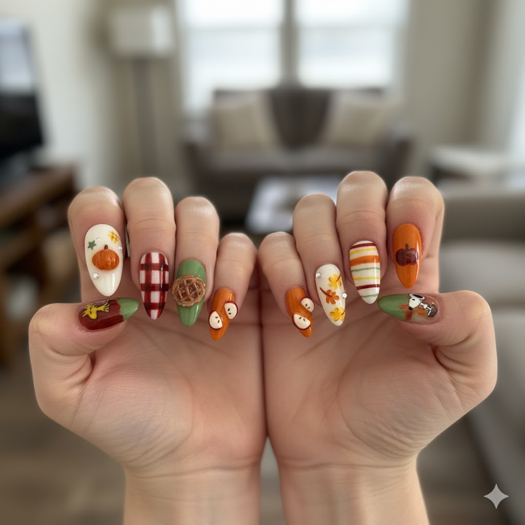 Custom handmade Autumn Harvest Press-On Nails featuring pumpkins, apples, pie & plaid fall nail art – Wynzy Pops Nails™
