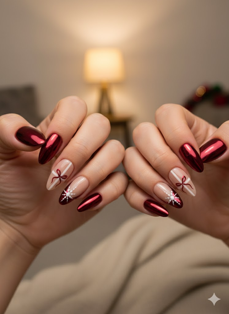 Custom Festive Red Chrome Press-On Nails – 3D Gift Bow & Snowflake Nail Art | Wynzy Pops Nails™