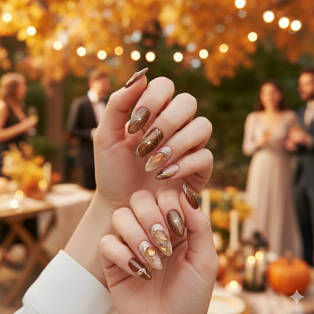 Custom Luxury Bronze Press-On Nails – Metallic Gold Marble & Gem Nail Art | Wynzy Pops Nails™