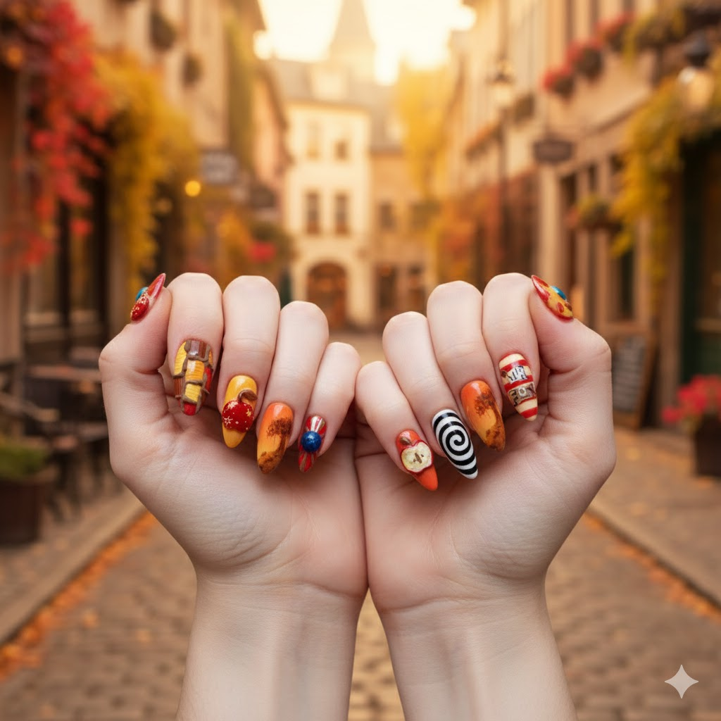 Custom Fantastic Mr. Fox Press-On Nails – 3D Apple, Tie & Autumn Retro Nail Art | Wynzy Pops Nails™