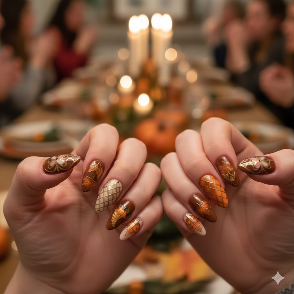 Custom Thanksgiving Press-On Nails – Pumpkin, Leaf & Gold Lattice Nail Art | Wynzy Pops Nails™