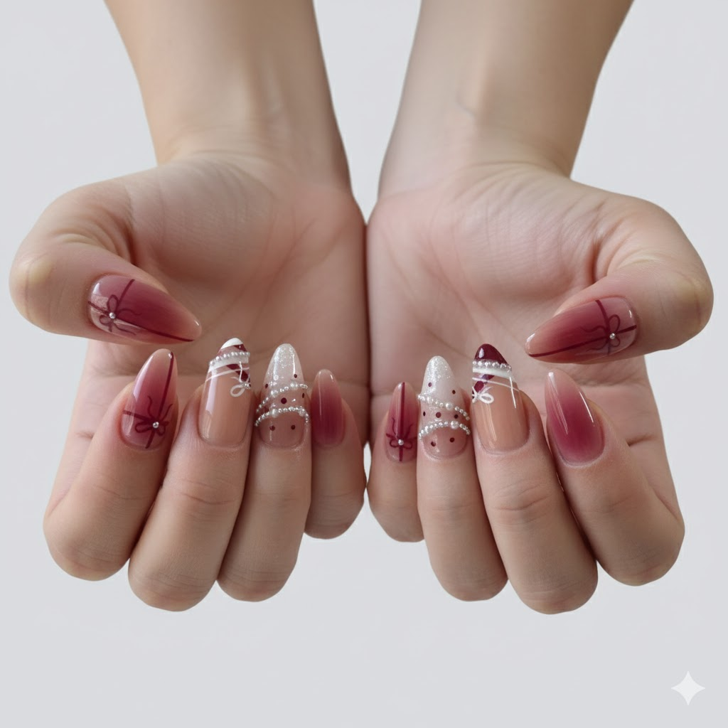 Custom Burgundy Pearl Bow Press-On Nails – 3D Gift Ribbon & Elegant Winter Nail Art | Wynzy Pops™